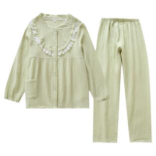 新款田园仙女风纯棉棉纱柔软绉布木耳花边睡衣长袖V领对襟家居