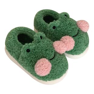 可爱青蛙全包跟棉拖鞋冬季女士居家防滑保暖地板月子软底鞋毛毛鞋