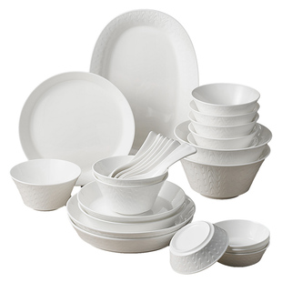 松发瓷器纯白浮雕陶瓷碗盘碟家用高级感餐具组合乔迁骨瓷碗碟筷