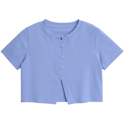 蓝色露脐短款短袖T恤女夏修身