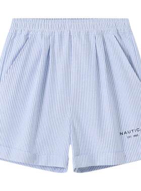 NAUTICA/诺帝卡童装男女童纯棉短裤夏季蓝白条纹翻边短裤洋气时尚