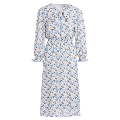 时髦长袖白色碎花连衣裙女