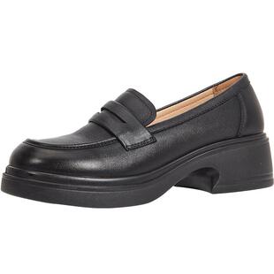 博主推荐百田森厚底乐福鞋女新款黑色百搭小皮鞋真皮深口单鞋