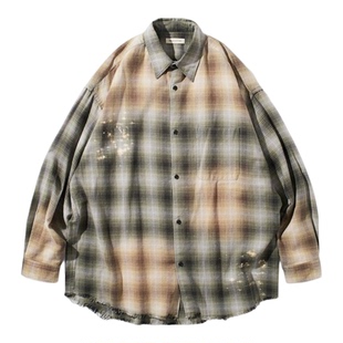 FREAKS STORE全棉25新品现货法兰绒破坏褪色渐变格纹男长袖衬衫衣