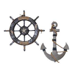 地中海风格复古船舵舵手房间酒吧墙面实木船锚创意木质挂件装饰品