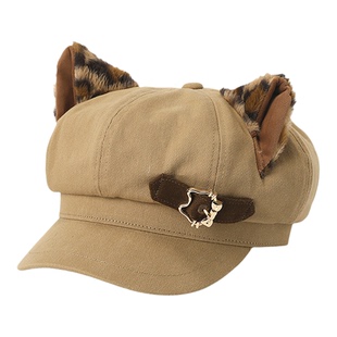 畹町豹纹猫耳帽子女26年春季甜酷少女八角帽百搭显脸小报童画家帽