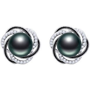 黛米珠宝 砚星 圆形海水大溪地黑珍珠耳钉S925银耳环耳饰-配证书