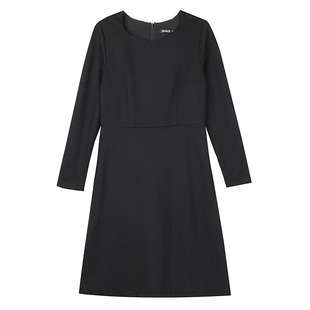 秋冬新款欧美大码女装气质罗马布黑色长袖子收腰a字连衣裙中长款