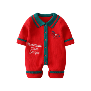 婴儿拜冬年服秋冬男宝宝连体衣加绒毛衣马年红色喜庆新年过年服女