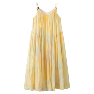 RUISHI芮时 夏花斑斓 晕染印花压褶串珠连衣裙大裙摆纱裙女夏