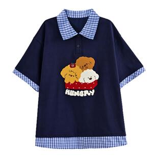 森女部落甜美风格子拼接设计感宽松短袖t恤女2026新款翻领上衣夏