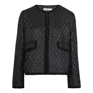 HONRN/红人黑色棉服女菱格纹圆领短款冬装外套直筒开衫HJ55MA265