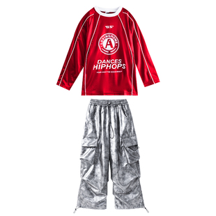 红色演出服儿童女童舞蹈现代舞架子鼓表演服装男童街舞上衣长袖