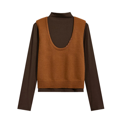 专柜秋冬打底衫半高领内搭长袖t恤撞色叠穿上衣马甲背心两件套装