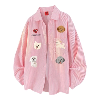 查尔斯桃心小狗印花条纹长袖衬衫男女春秋季新款宽松休闲衬衣外套