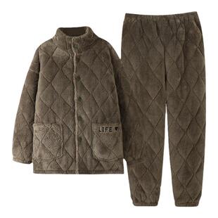 睡衣男款冬季珊瑚绒加厚加绒三层夹棉袄秋冬款高领特厚保暖家居服