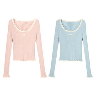 森女部落原创细条纹甜美风纯色修身显瘦内搭花边领针织上衣打底衫