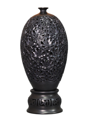 章丘龙山黑陶繁花似锦大花瓶