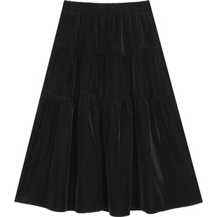 妖精的口袋重工钉珠哑光黑色半身裙女2025年冬季新款新年穿搭长裙