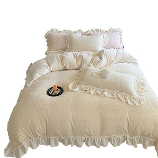 晚安猫轻法式公主蝴蝶结提花牛奶绒四件套加厚被套宿舍三件套床品