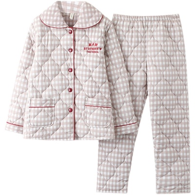 冬季夹棉睡衣女纯棉长袖