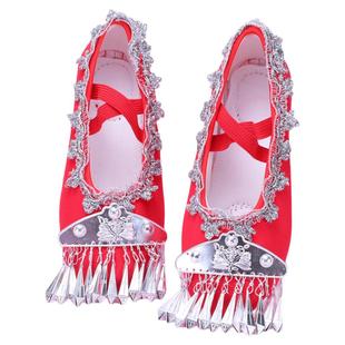 苗族舞蹈鞋儿童女中国舞演出鞋少数民族儿童绣花鞋傣族壮彝族红色