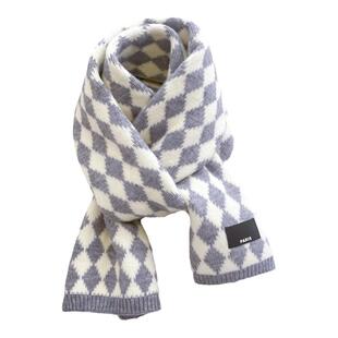 针织毛线围巾男女生冬季灰色菱格子短小围脖护颈加厚保暖可爱日系