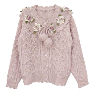 Cuty定制 日系少女风手钩立体玫瑰花点点糖果色羊毛混纺复古开衫