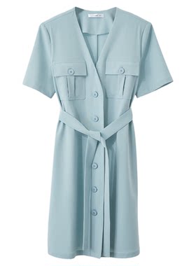 Amii2026夏新款V领工装风配腰带短袖连衣裙女莫兰迪色系宽松裙子