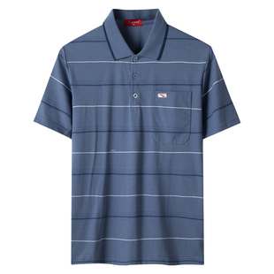 中年爸爸夏装短袖t恤条纹polo衫上衣服夏季薄款中老年人男士爷爷