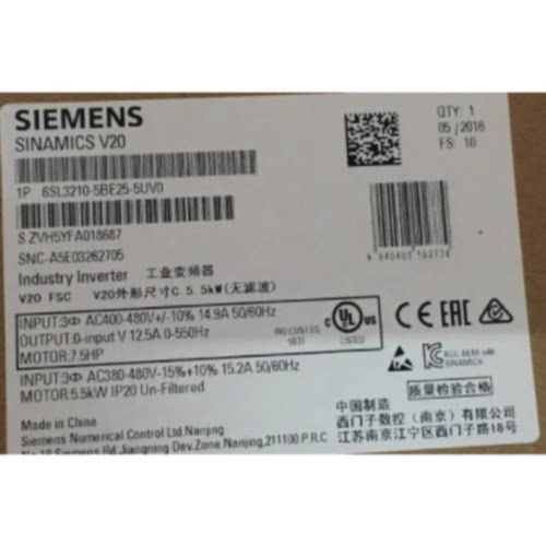 议价6SL3210-5BE25-5UV0西门子V20变频器5.5KW 6SL32105BE255UV0