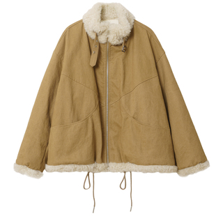 floradance羊毛羔拼接羽绒服女冬季复古巴恩风立领保暖派克服外套