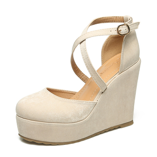 坡跟防水台高跟鞋小香风厚底松糕鞋包头交叉带时尚舒适高级感凉鞋