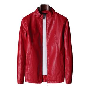 春秋季机车男皮衣夹克外套红色男装PU加肥加大码休闲皮尤上衣服潮