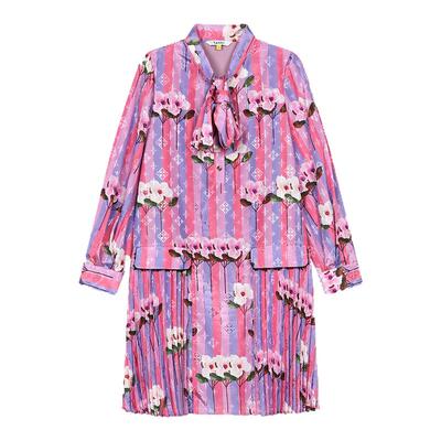 tanni新款浪漫复古少女风压褶系带印花衬衫连衣裙女TO31DR026A