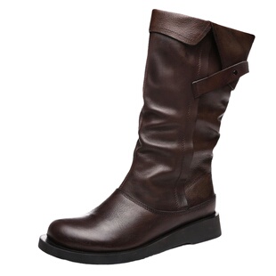 真皮厚底女靴时尚百搭侧拉链马丁靴女秋冬加绒棉靴大码中筒靴女鞋