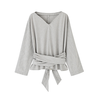 COMMON VALUE「 禅 Pāra 」格纹V领长袖衬衣围裹式修身绑带衬衫