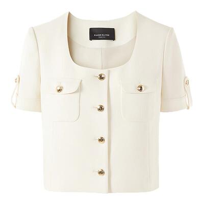 朗姿欧洲EiLEEN ELITEE2025年秋新款三醋酸U型领短袖白色短外套女