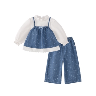 女童春装套装宝宝法式春季牛仔衣服小童花边长袖长裤儿童三件套
