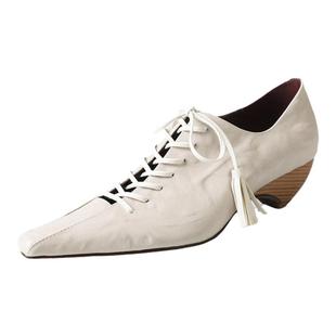 强推 Vintage复古小方头显瘦修腿绑带单鞋中跟女鞋单鞋真皮羊皮