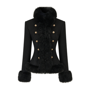 HiimDai 奥黛丽 古早千金感 毛绒双排扣收腰毛呢外套包臀半裙套装