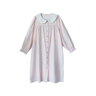 Fishhome原创浅粉波点少女感娃娃领纯棉纱布长袖中长款睡裙2026春