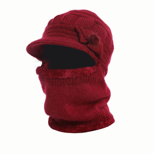 帽子围脖一体女加绒保暖毛线帽老人针织帽奶奶帽冬季妈妈骑车神器