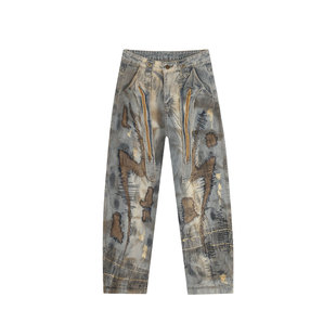 大码美式街头重工乱针刺绣污渍牛仔裤男女废土风宽松阔腿弯刀裤潮