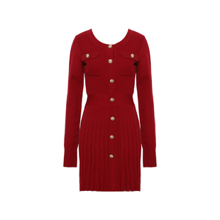 DPLAY2025秋冬季新款法式红色连衣裙女新年短款裙子长袖针织短裙