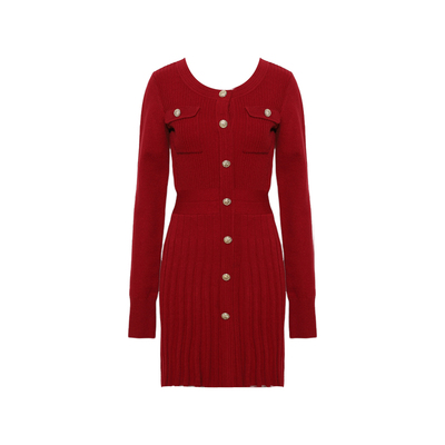 DPLAY2025秋冬季新款法式红色连衣裙女新年短款裙子长袖针织短裙