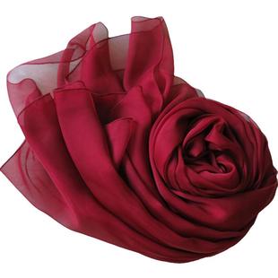 酒红色丝巾女搭配纱巾春秋冬季桑蚕丝披肩纯色枣红色洋气真丝围巾