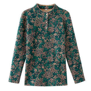 立领印花加绒打底衫女2025年秋冬新款高级感气质显瘦减龄妈妈上衣