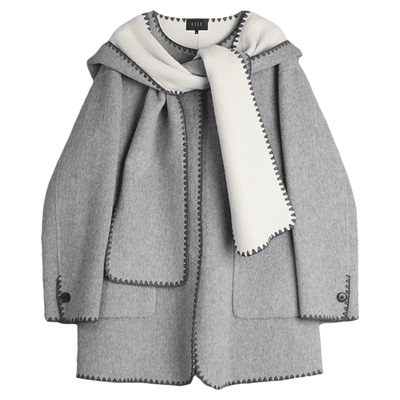 ELLE灰色呢大衣女柔软绵羊毛