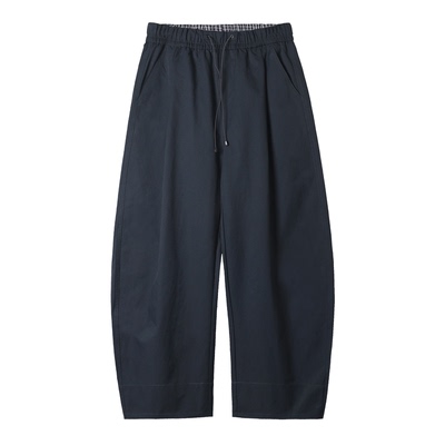 2026春秋新款纯色弯刀裤宽松休闲阔腿裤男女格纹翻边长裤潮